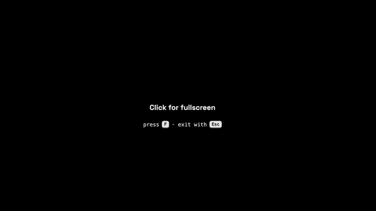 A pure black web page showing a 'Click for fullscreen' prompt with hints to press F to enter and Esc to exit fullscreen