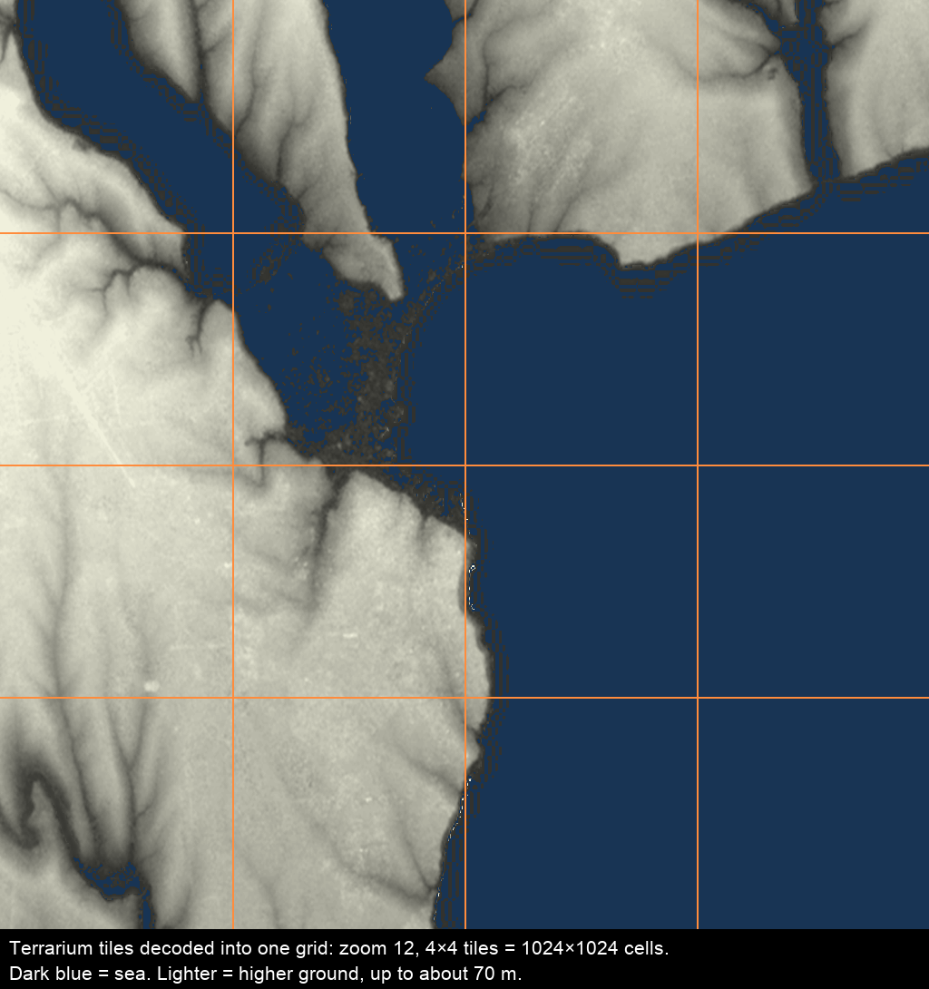 Decoded elevation for the coast around Odesa rendered as a greyscale heightmap, with the sea in dark blue and higher ground lighter. Orange lines show the boundaries of the 4 by 4 Terrarium tiles that were stitched together.