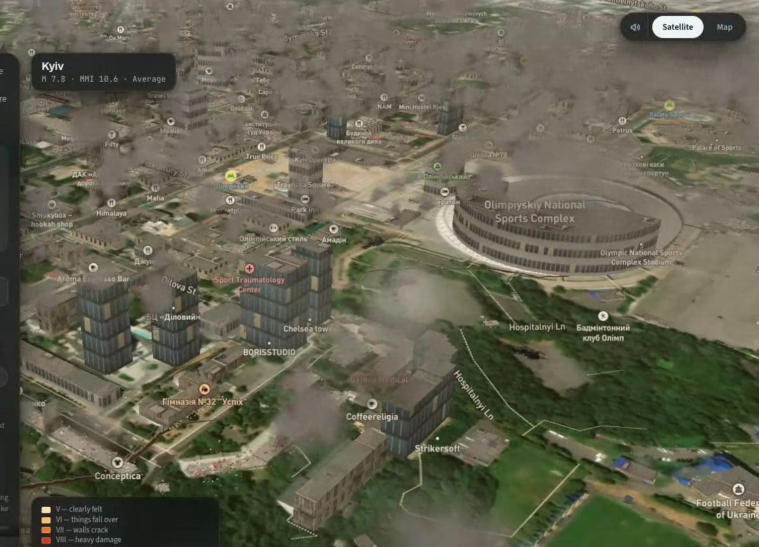 Street-level view of central Kyiv during a simulated magnitude 7.8 earthquake. Textured high-rise towers stand in the foreground, several of them leaning, and grey dust clouds drift across the scene over the Olympic stadium.