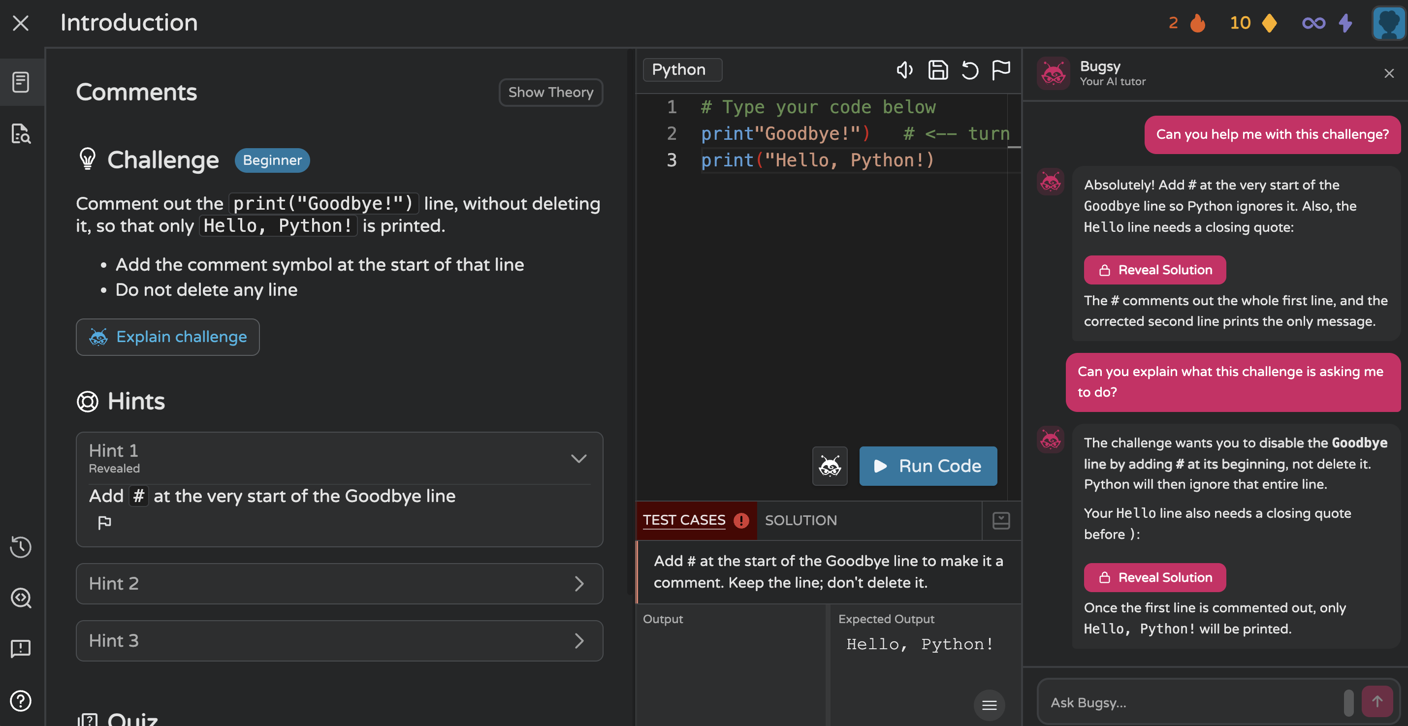 Learner asking AI tutor Bugsy mutiple times to explain the challenege and Bugsy explaining differently everytime without revealing entire codeRepeated requests for help are another useful test for an AI tutor. Here, I asked Bugsy about the same beginner challenge in different ways to observe whether its explanation changed or became more specific