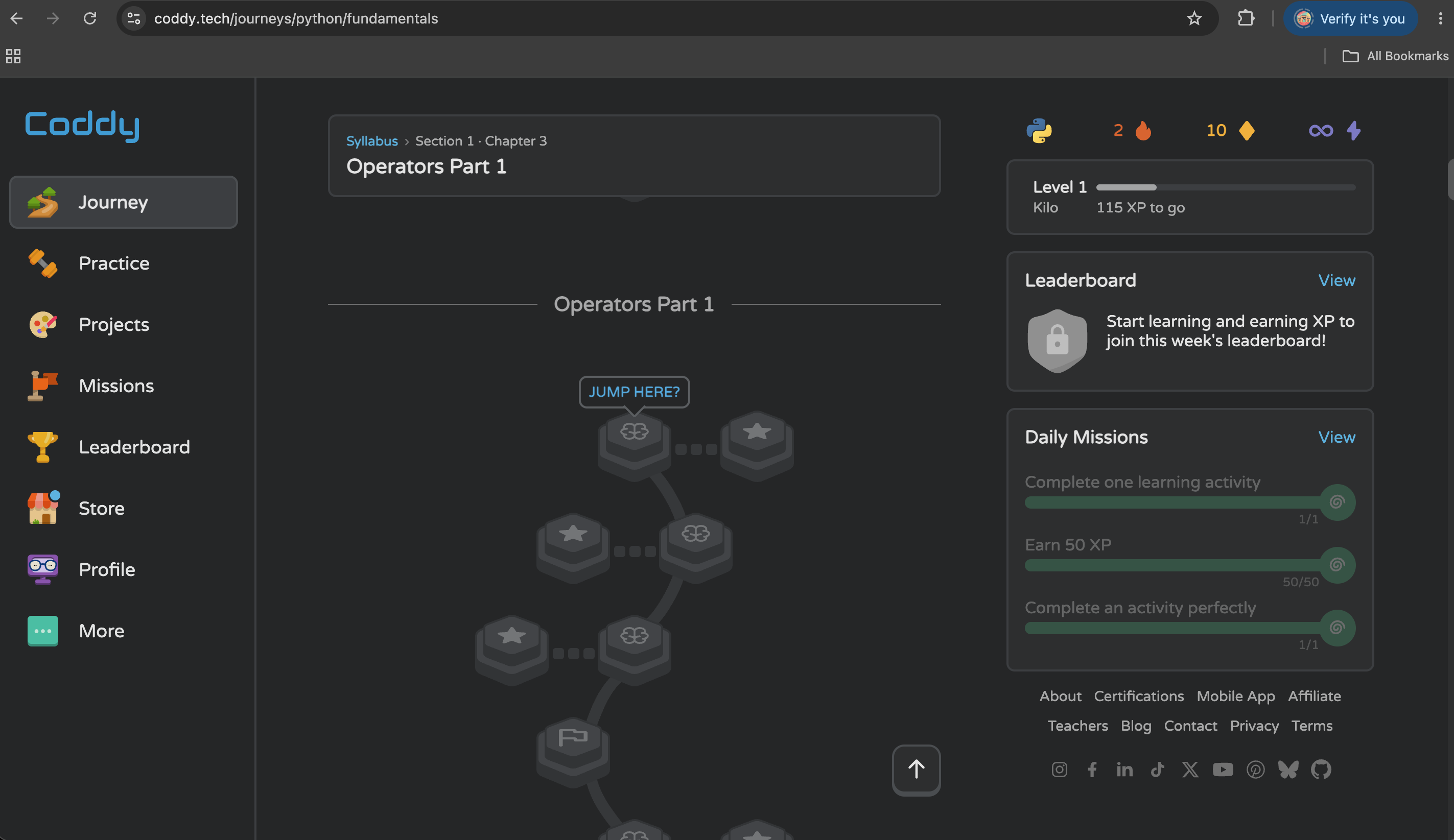 Coddy’s Python Journey combines a structured syllabus with practice, projects, missions, XP-based progress, and daily learning goals
