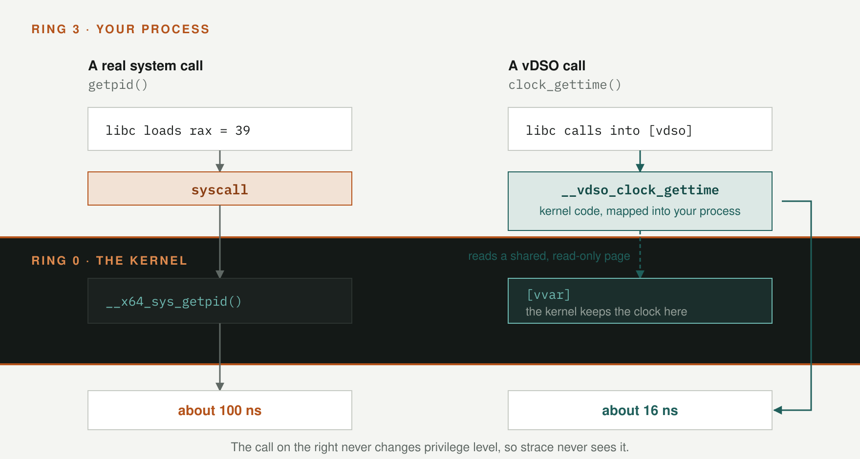Diagram comparing two calls: getpid crossing into the kernel through the syscall instruction and taking about 100 nanoseconds, and clock_gettime staying in userspace by calling into the vDSO, reading a shared read-only page, and taking about 16 nanoseconds