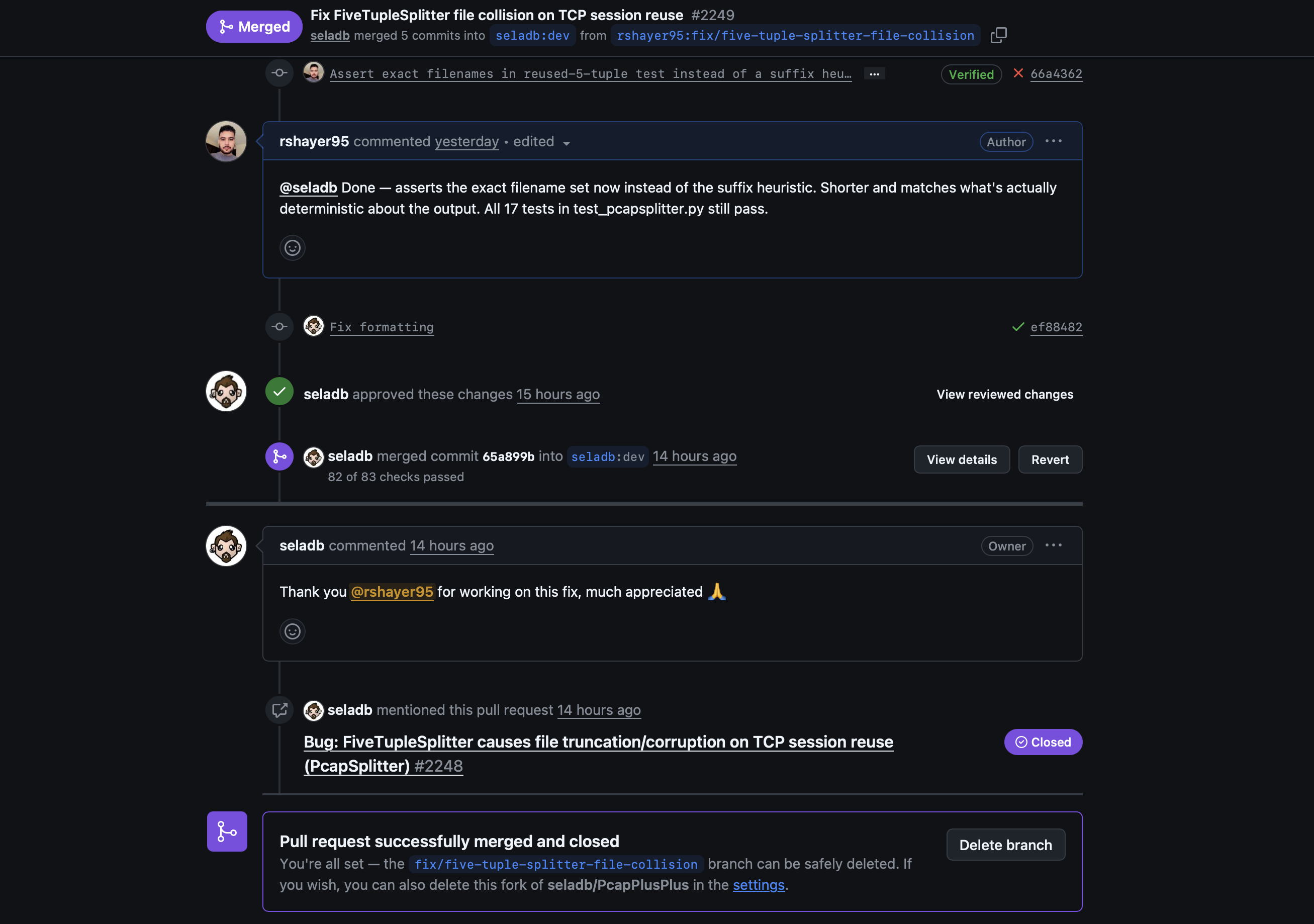 The maintainer approving and merging the fix, with a thank-you comment.