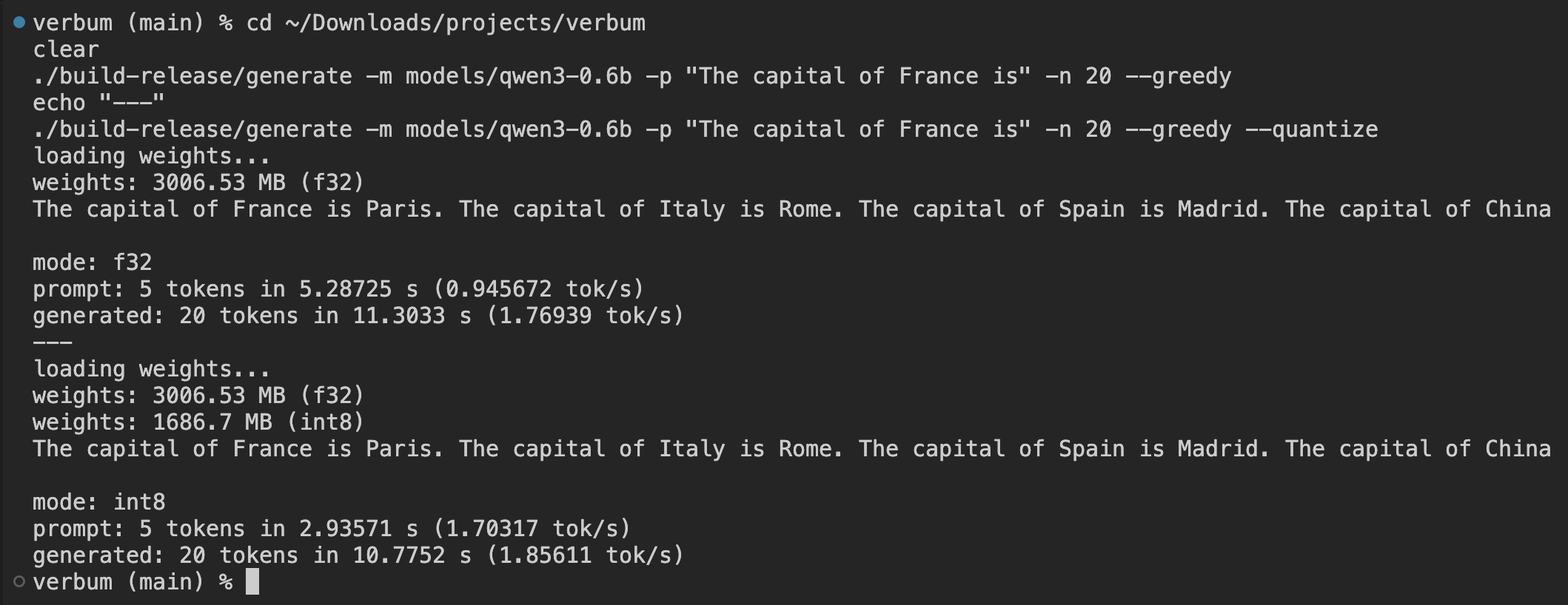 The generate CLI producing identical output from f32 and int8 weights