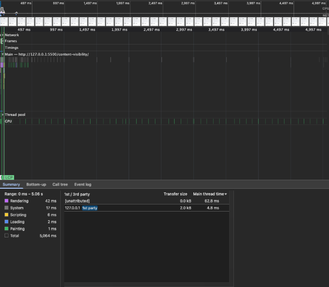 Chrome DevTools Performance recording showing Rendering activity for the baseline test without content-visibility.