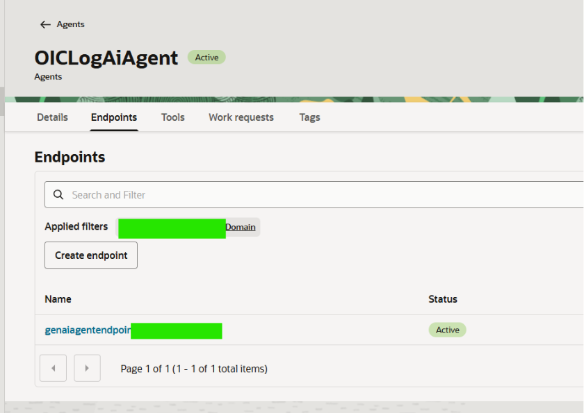 Generative AI Agent endpoints tab
Figure 8: OICLogAiAgent – Endpoints tab showing genaiagentendpoint in Active status. The endpoint OCID is used by client applications to connect to the agent.