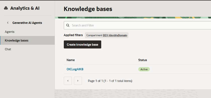 Knowledge bases list page
Figure 4: Generative AI Agents – Knowledge bases list showing OICLogAIKB in Active status.