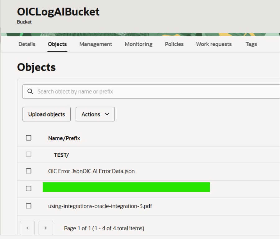 OCI Object Storage bucket objects
Figure 1: OICLogAIBucket – Objects tab showing the uploaded OIC error log files.