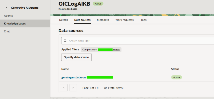 Knowledge base data sources tab
Figure 6: OICLogAIKB – Data sources tab showing genaiagentdatasource in Active status.