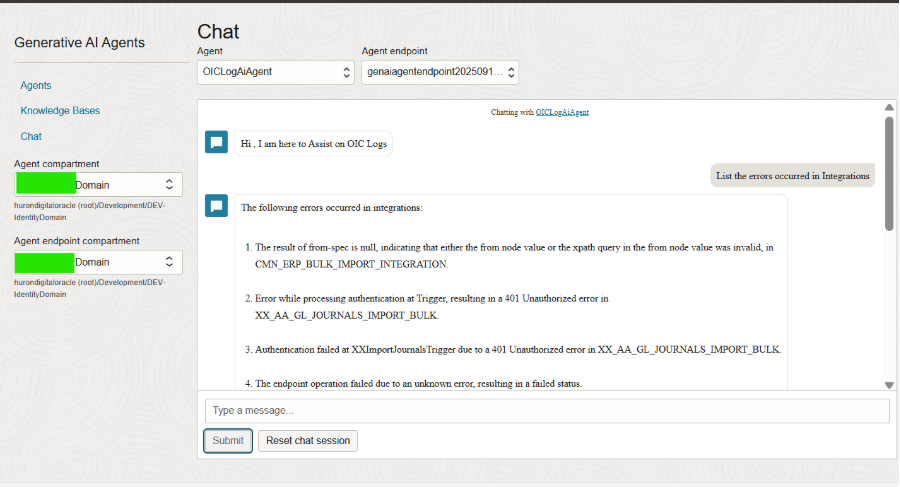 Generative AI Agent chat test
Figure 7: Chat interface – the user asks “List the errors occurred in Integrations” and OICLogAiAgent returns a structured summary sourced from the Knowledge Base.