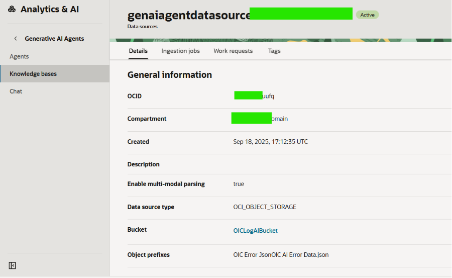 Generative AI data source details
Figure 3: genaiagentdatasource – Data source details showing type OCI_OBJECT_STORAGE, the linked OICLogAIBucket, and the ingested object prefix.