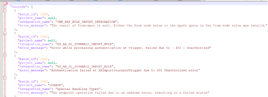 Sample OIC error JSON content
Figure 2: Sample content of OIC Error JsonOIC AI Error Data.json opened in a text editor.