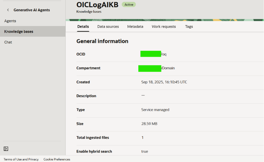 Knowledge base details tab
Figure 5: OICLogAIKB – Details tab showing type Service managed, size 28.59 MB, 1 ingested file, and hybrid search enabled.