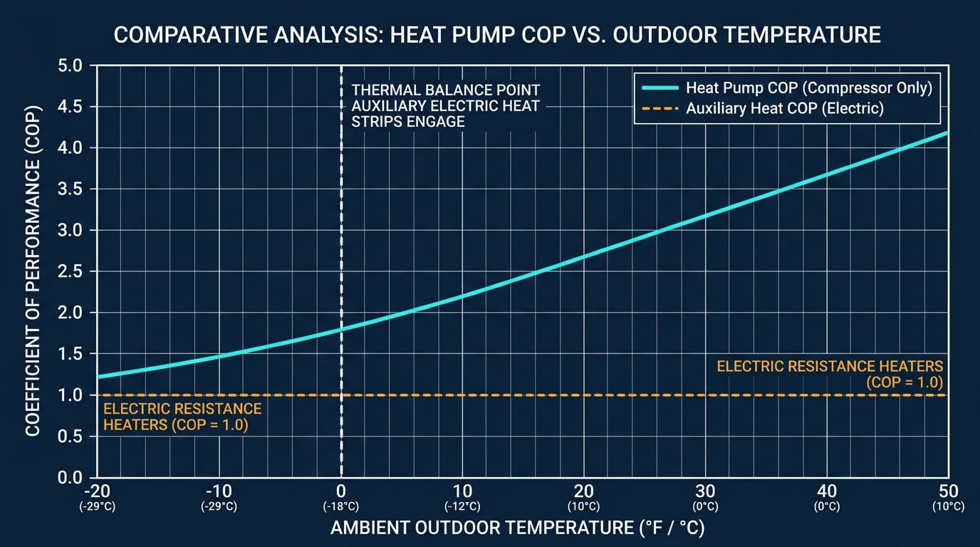 Why Heat Pump Efficiency Collapses in Sub-Zero Weather: Modeling Thermodynamic COP Degradation and Auxiliary Heat Kinetics