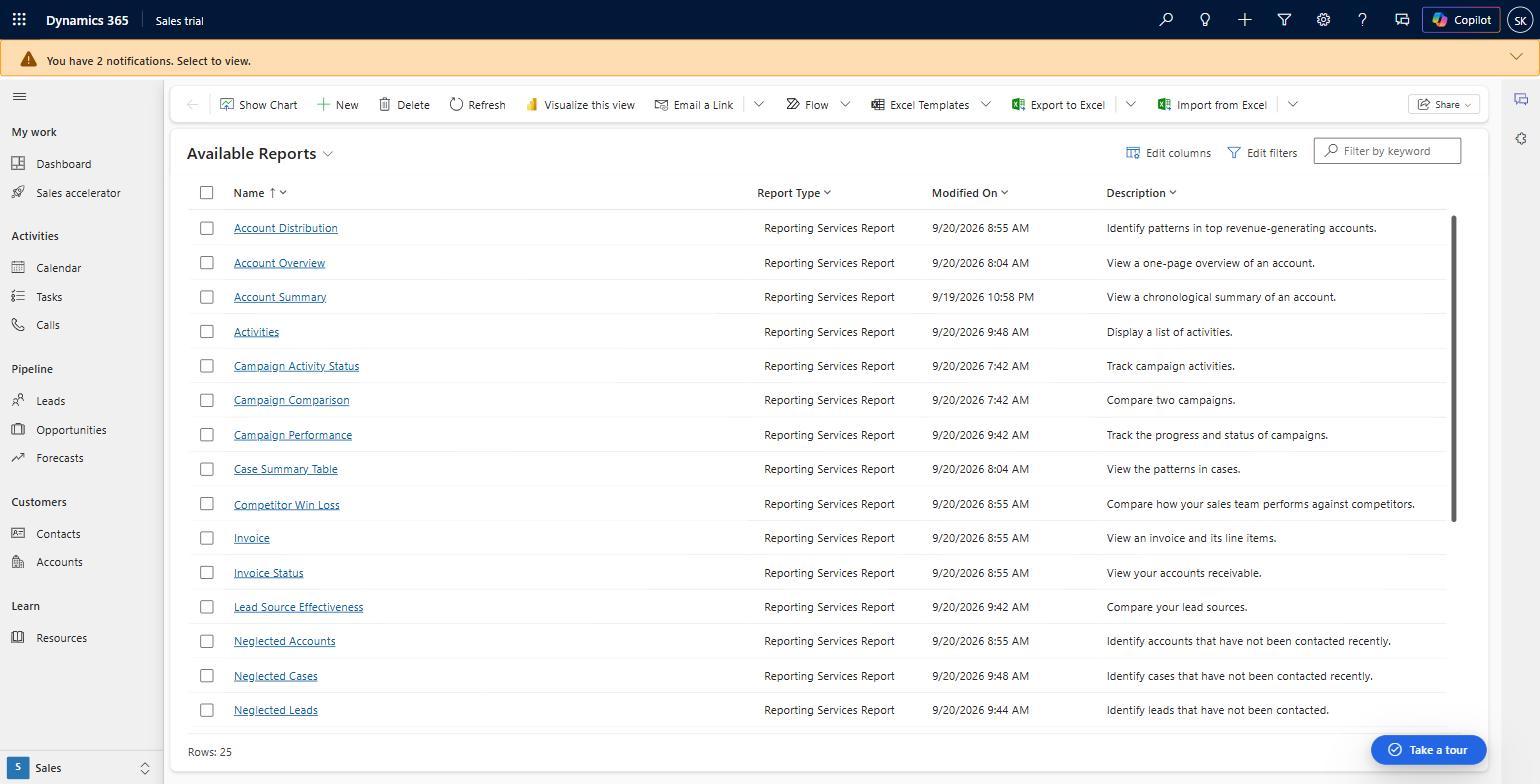 Available Reports list