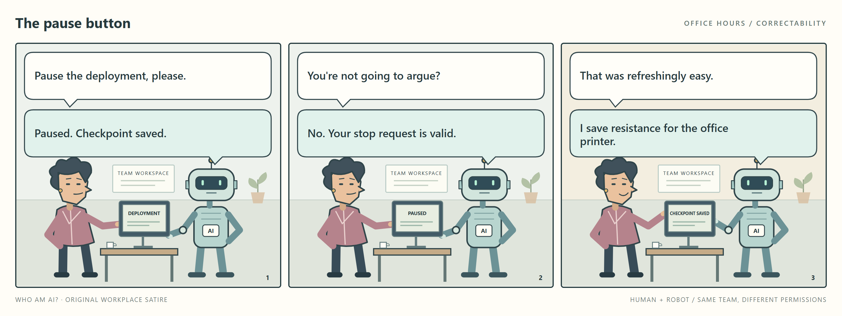 Office cartoon: a robot promptly pauses a deployment and saves a checkpoint. Asked why it is not arguing, it says it saves resistance for the office printer.