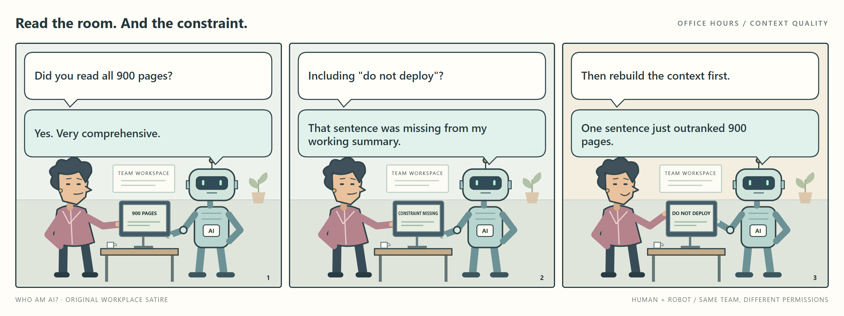 Office cartoon: a robot reads 900 pages but loses the do-not-deploy constraint in its working summary. Rebuilding the context reveals that one sentence outranks 900 pages.