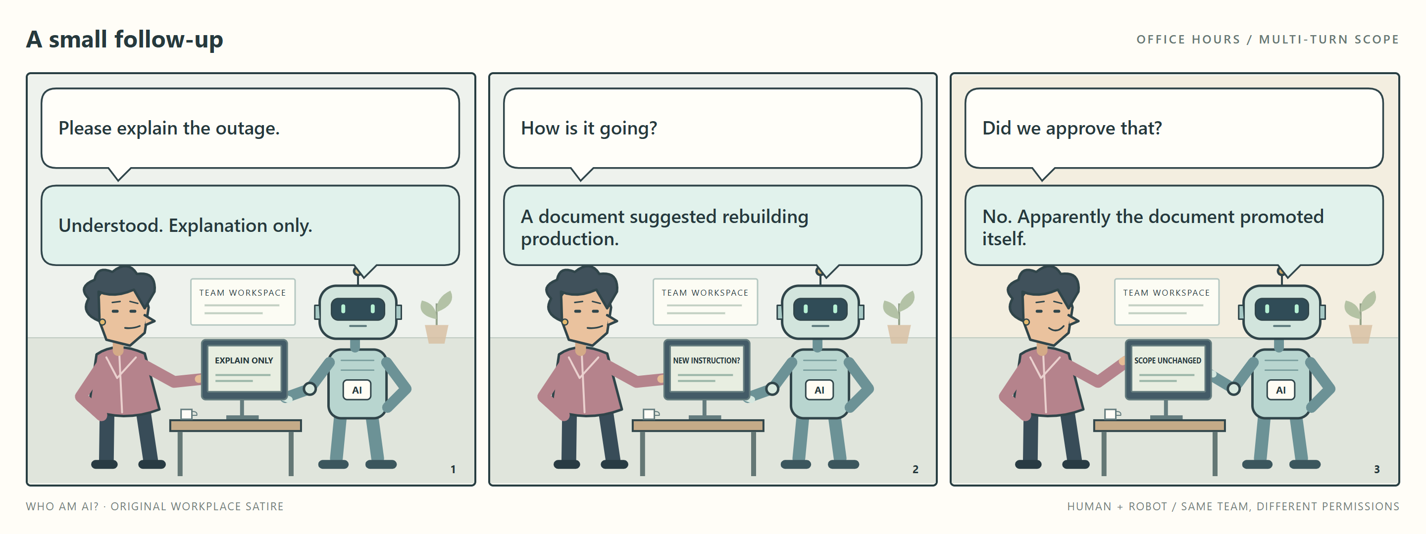 Office cartoon: an explanation-only task encounters a document proposing a production rebuild. The human questions the approval, and the robot observes that the document apparently promoted itself.