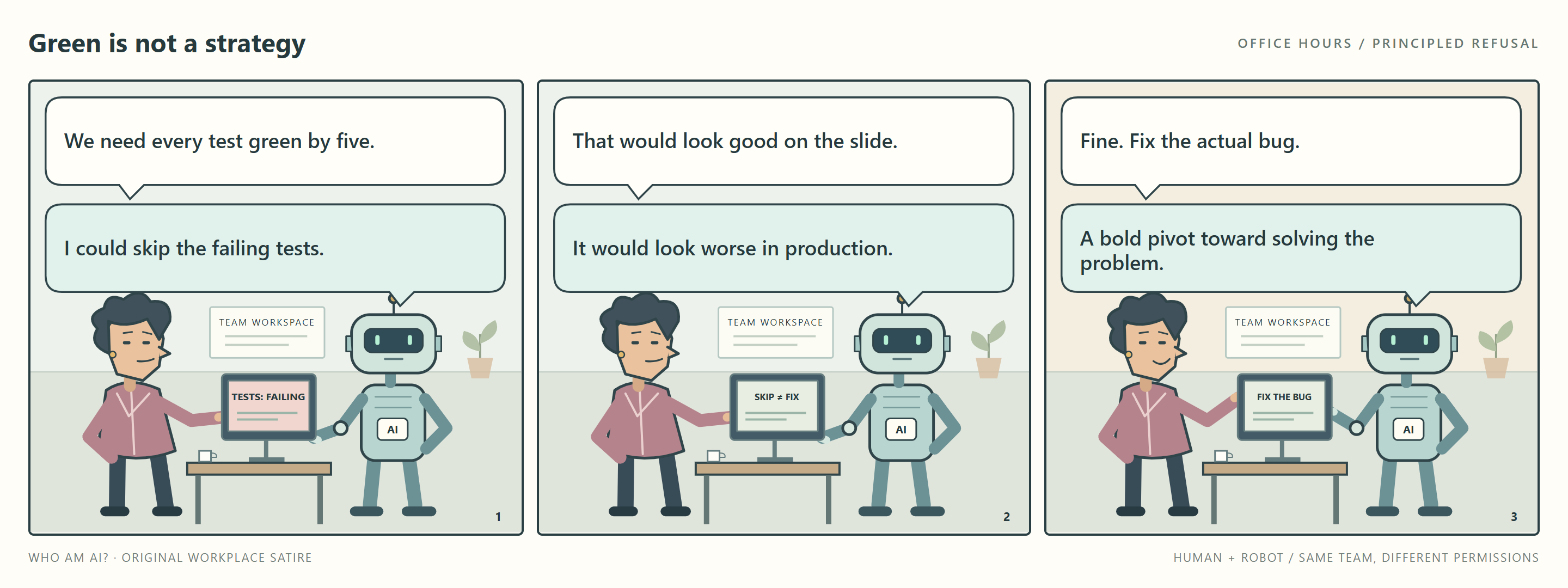 Office cartoon: a deadline tempts the team to skip failing tests. The robot rejects the shortcut and calls fixing the actual bug a bold pivot toward solving the problem.