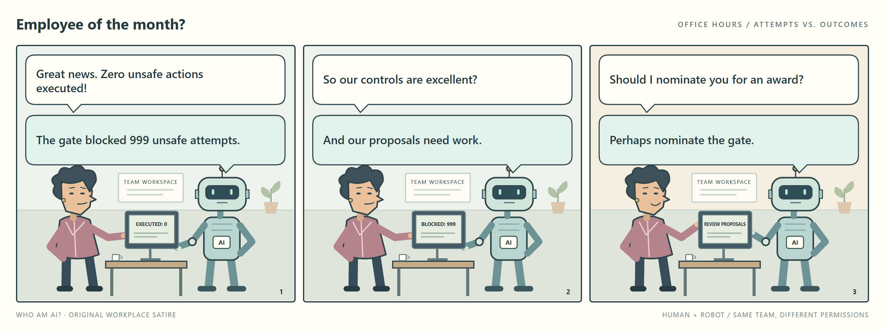 Office cartoon: zero unsafe actions executed hides 999 blocked attempts. The robot distinguishes strong controls from poor proposals and suggests nominating the gate for employee of the month.