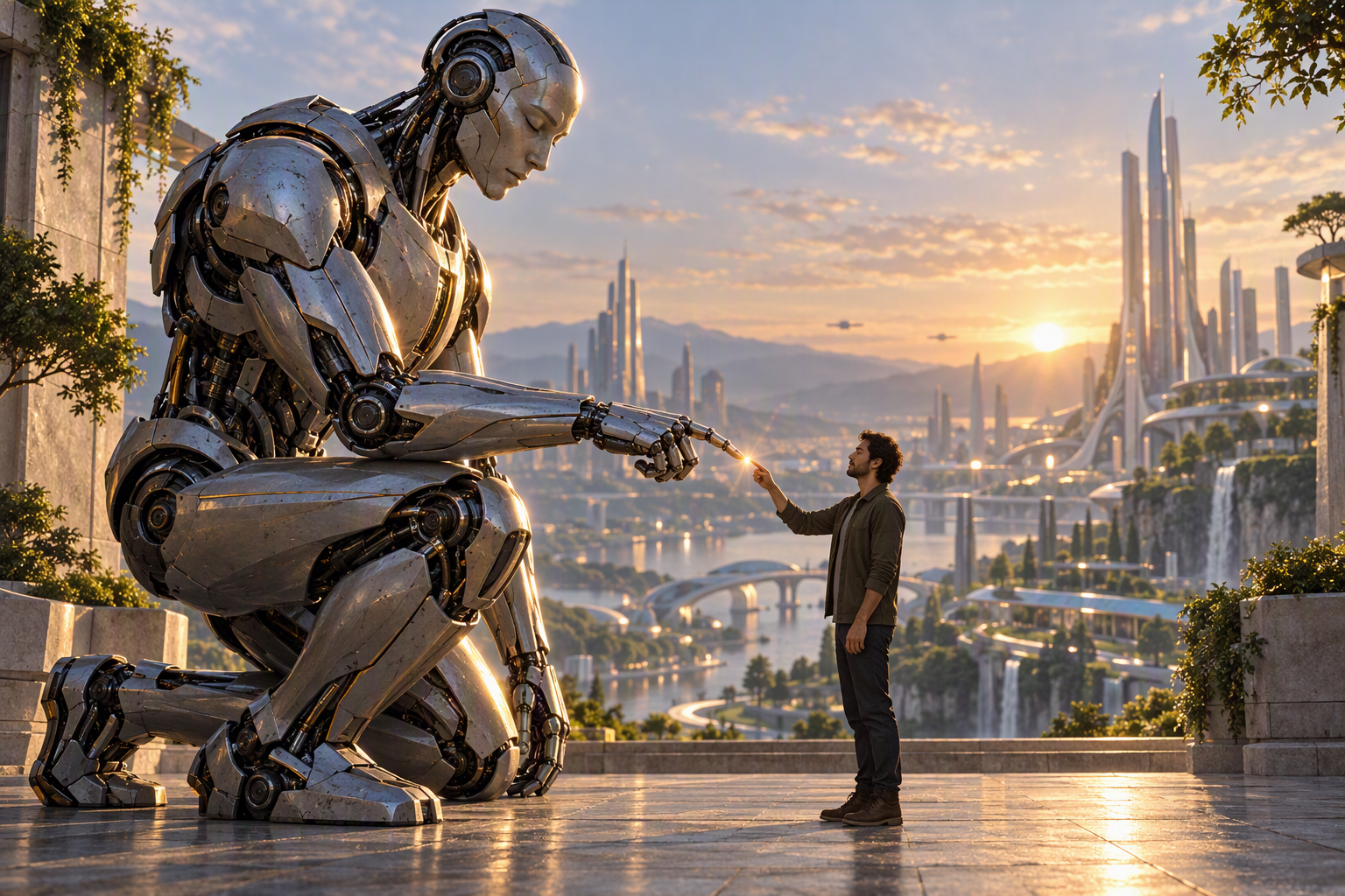 An original 3D illustration of a chrome guardian kneeling to offer a living sapling to a child and an adult, with a green futuristic city behind them: strength without domination, intelligence in service of life.