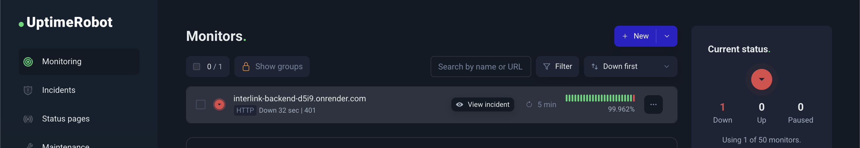 UptimeRobot monitor pinging the backend every 5 minutes to keep it awake