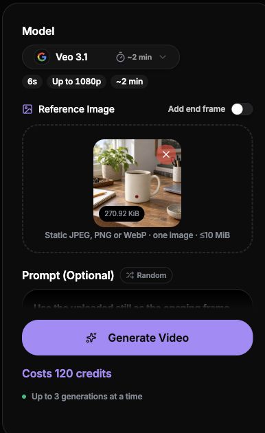 Actual VidKiss image-to-video workspace with a fictional reference image, the sample motion prompt and displayed credit cost before generation