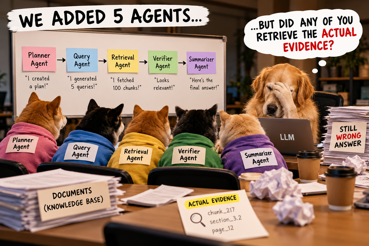 Five agent roles—planner, query, retrieval, verifier, and summarizer—work together around a whiteboard while an LLM asks whether anyone retrieved the actual evidence. Documents and an “actual evidence” note sit unused on the table, while a sign says “still wrong answer.”