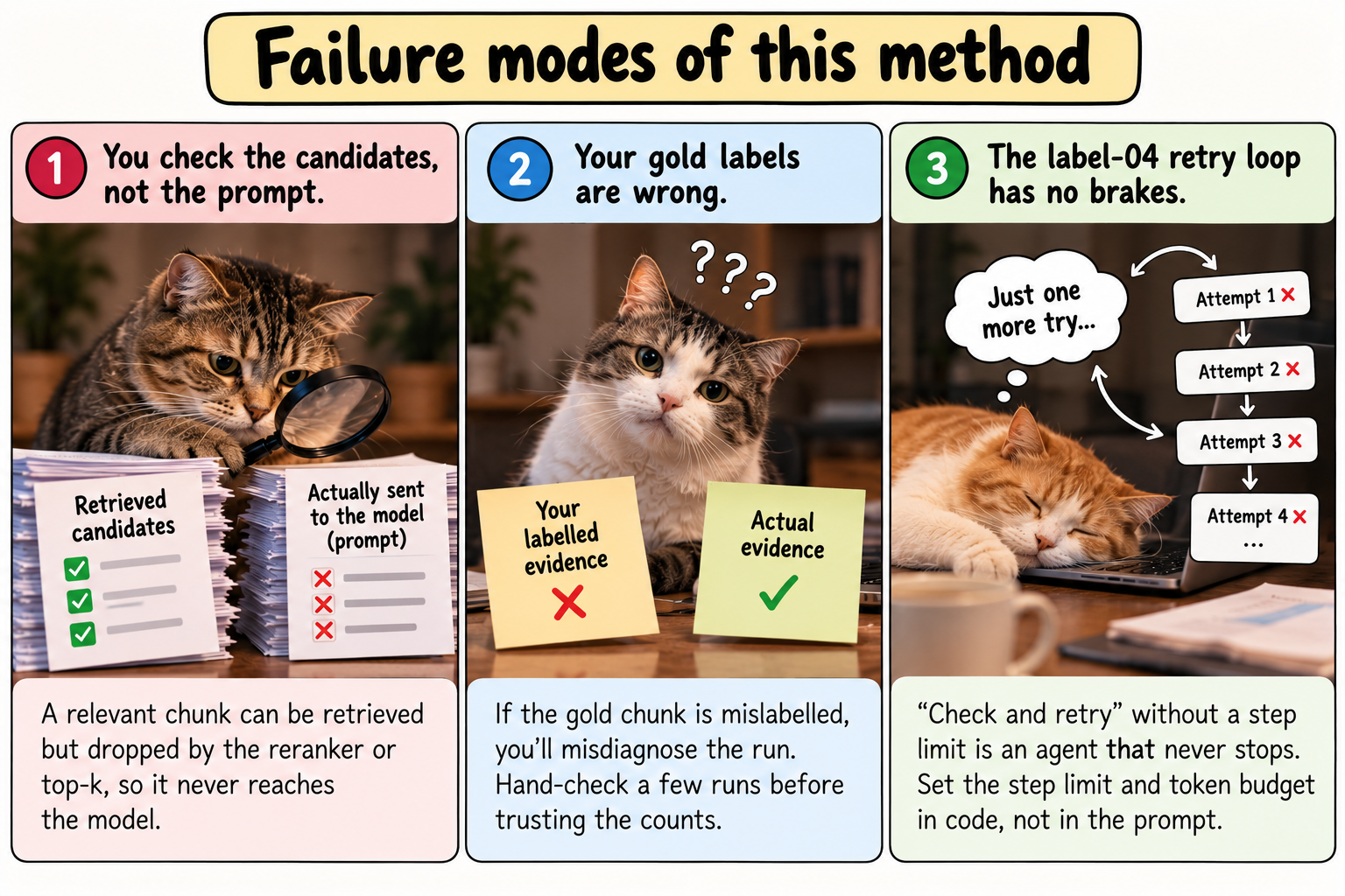 Three-panel illustration showing common agent evaluation failures: relevant evidence retrieved but missing from the final prompt, incorrect gold labels causing a misdiagnosis, and an unlimited retry loop continuing after repeated wrong answers.