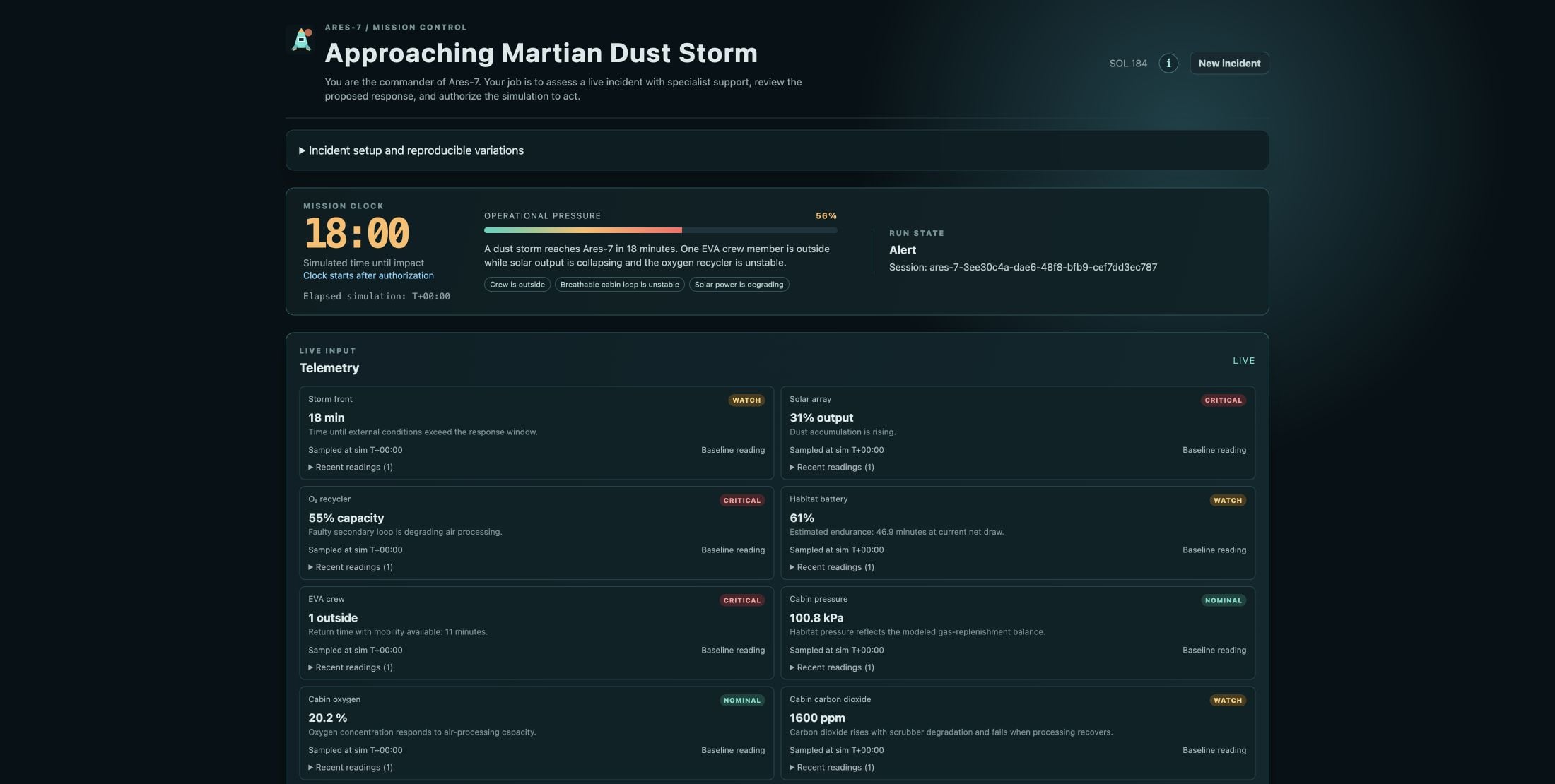 Ares-7 mission dashboard showing an approaching dust storm, the response window, and habitat and crew telemetry.