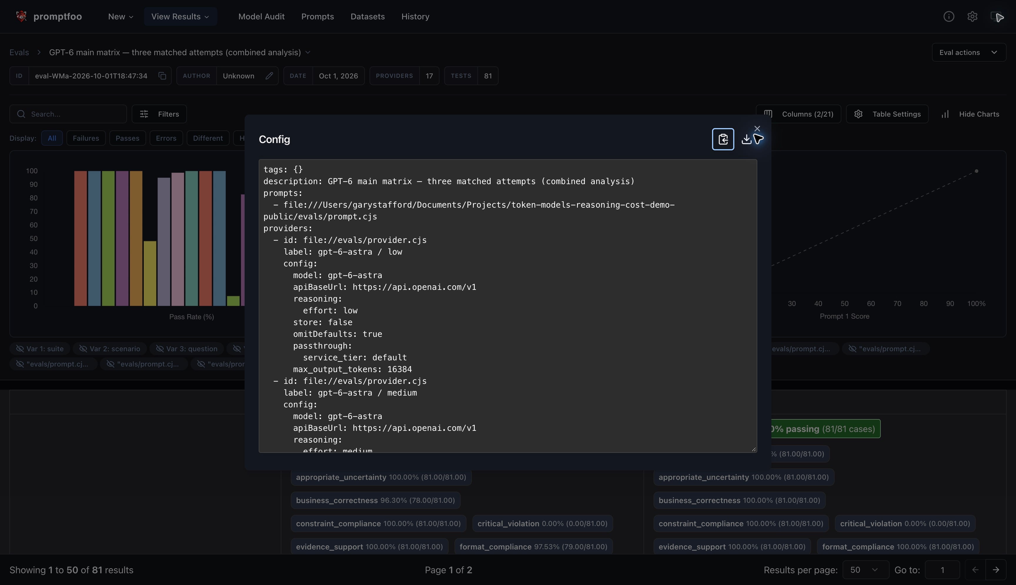 Saved Promptfoo configuration showing the Astra low provider settings