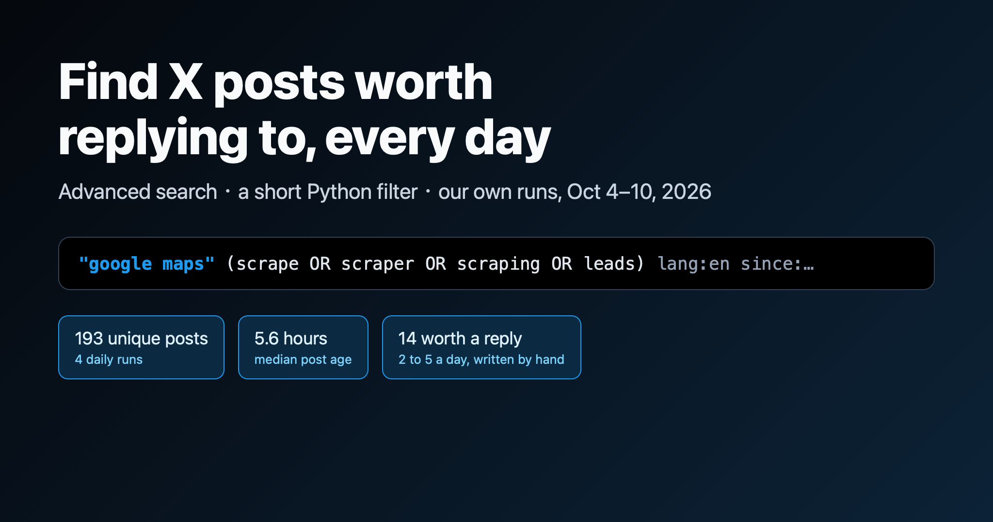 Find X posts worth replying to, every day