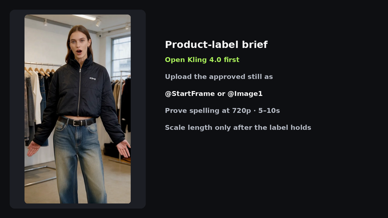 MixVio product sample: Kling boutique jacket showcase with steps to open Kling 4.0, upload @StartFrame or @Image1, and prove spelling at 720p