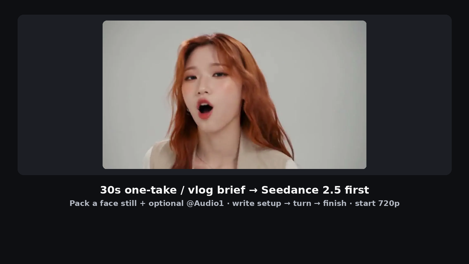 MixVio product sample: Seedance rooftop performance still with guidance to open Seedance 2.5, pack a face still and optional audio, write setup-turn-finish