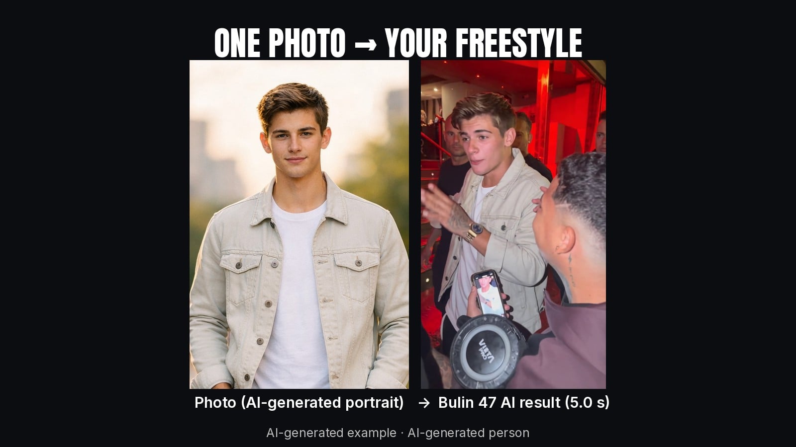 Before and after: an AI-generated portrait on the left, and the same character as the lead of a red-lit street freestyle video on the right