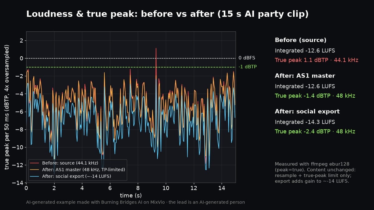 Chart: true peak per 50 ms over 15 seconds for the source, the 48 kHz master and the social export, with 0 dBFS and -1 dBTP reference lines