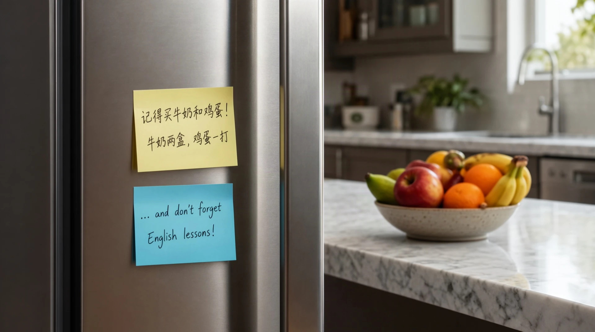 Two sticky notes on a steel refrigerator door, a yellow one in Chinese and a blue one in English