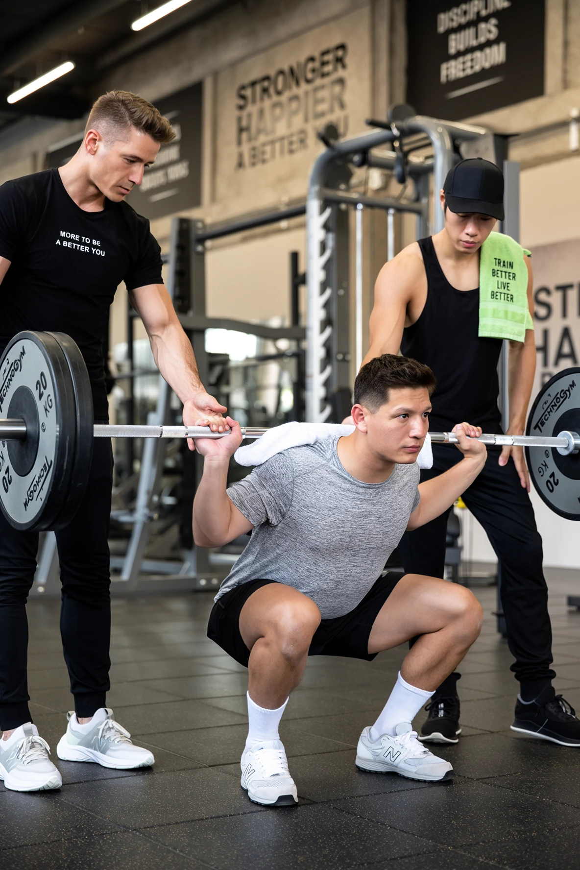 Two trainers spotting a man doing a barbell squat, with slogan posters on the gym wall