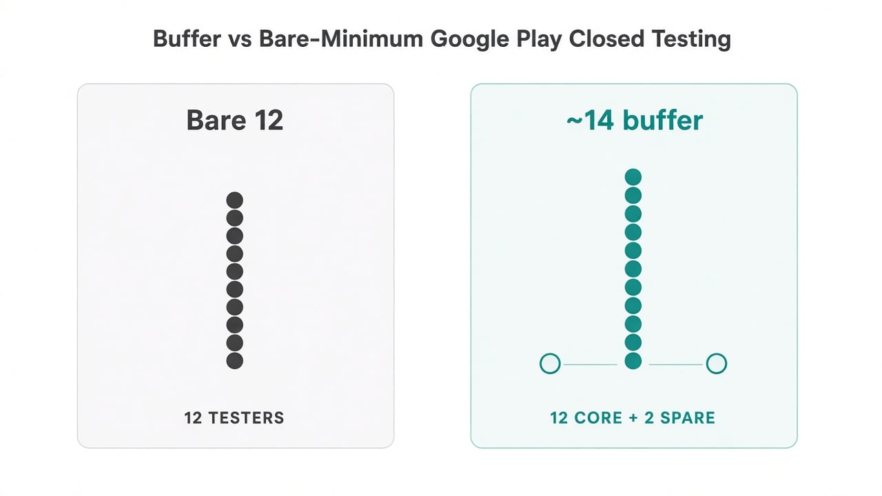 12 testers for 14 days buffer plan with 14 testers and 16 days for Google Play closed testing
