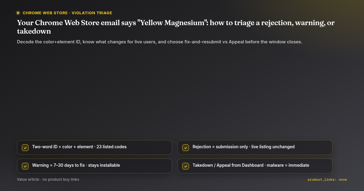Your Chrome Web Store email says "Yellow Magnesium": how to triage a rejection, warning, or takedown.