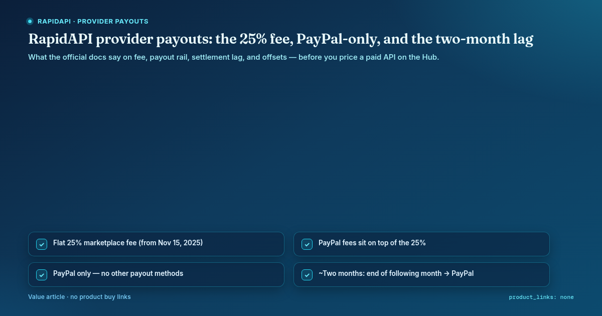 RapidAPI provider payouts: the 25% fee, PayPal-only, and the two-month lag