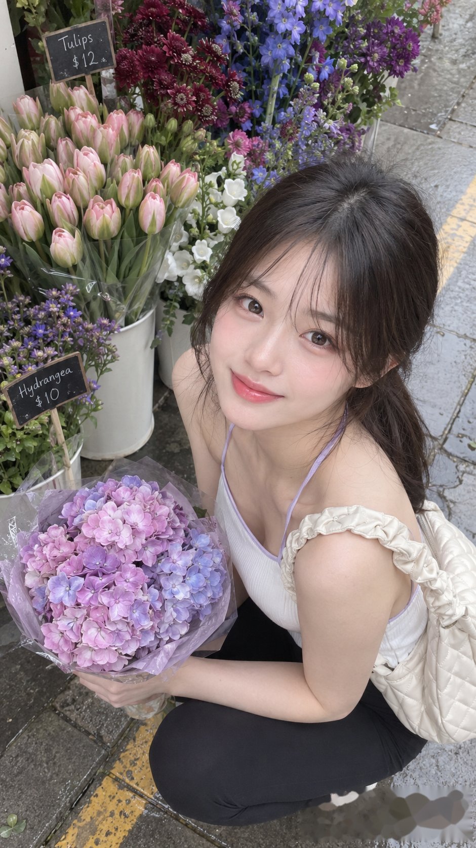Selfie góc cao bên tiệm hoa đường phố