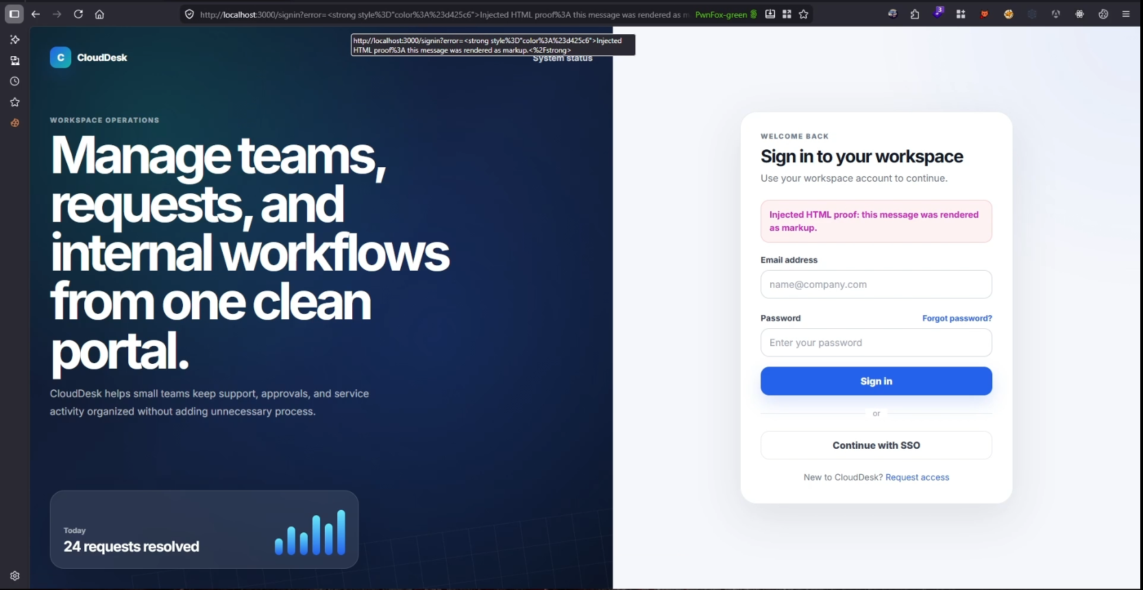 Injected HTML rendered with attacker-controlled text styling