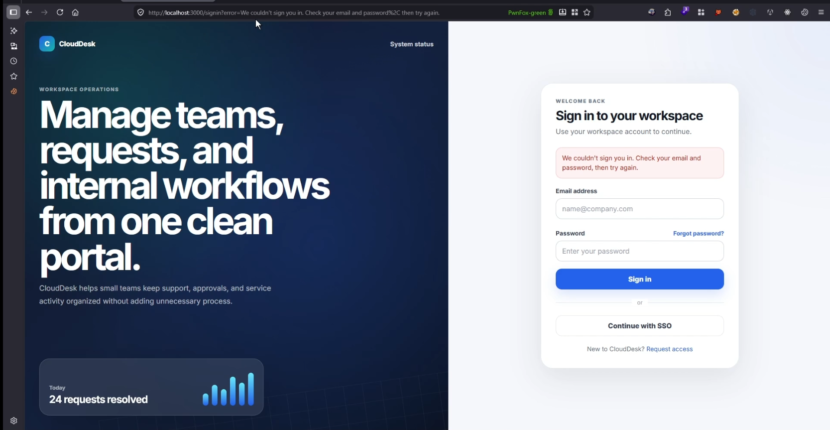 CloudDesk login page displaying an authentication error