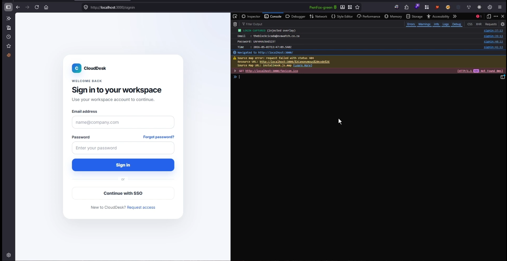 Proof-of-concept demonstration showing credential capture