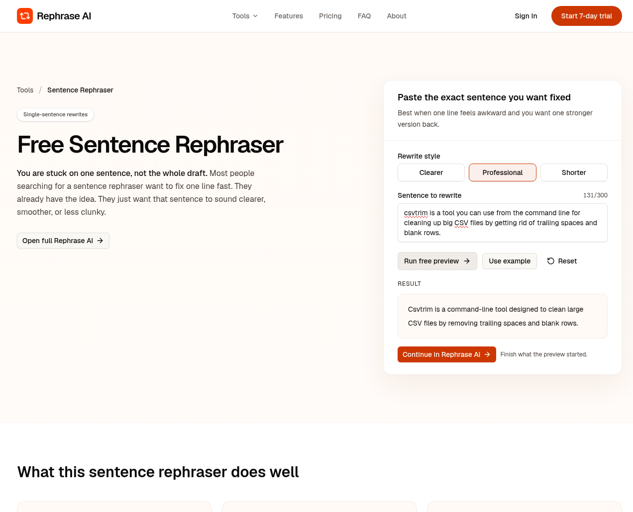 Rephrase AI sentence rephraser on Professional rewording a README one line summary for csvtrim