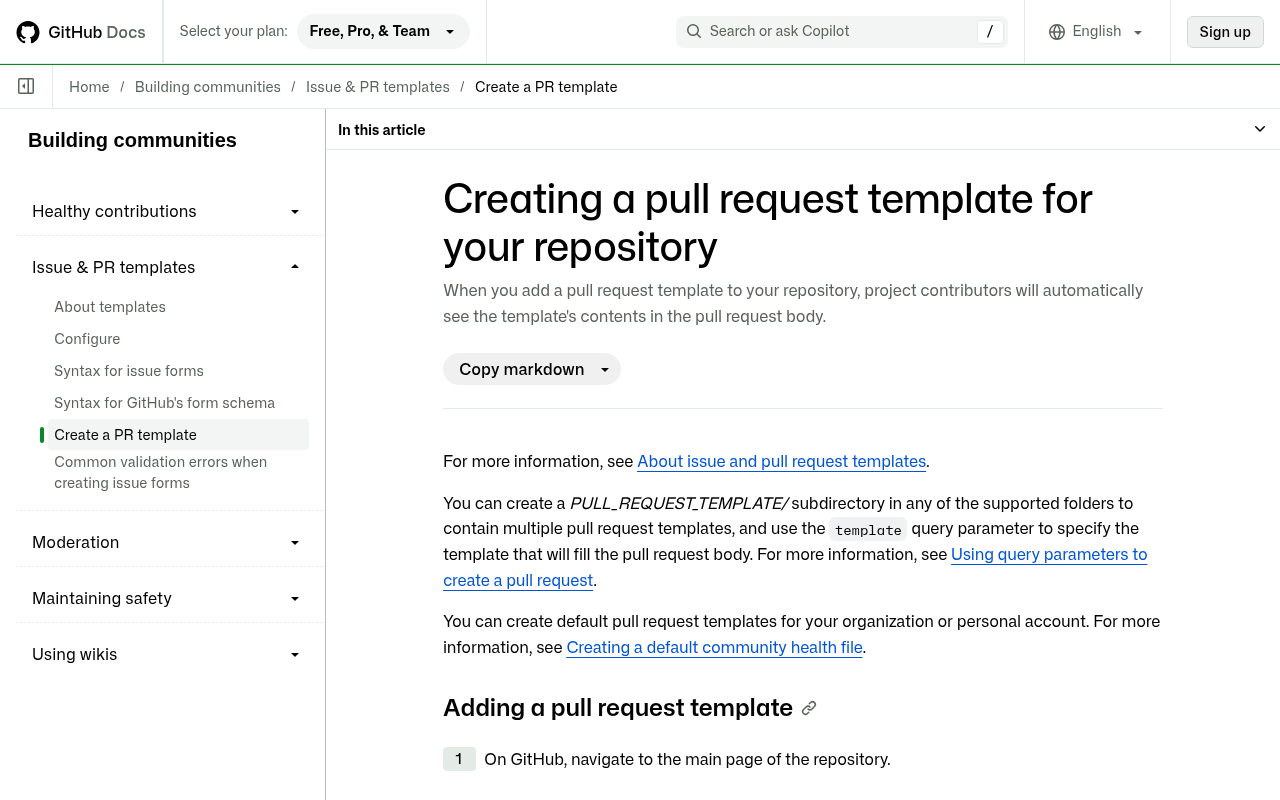 GitHub Docs page Creating a pull request template for your repository showing where to add the template file