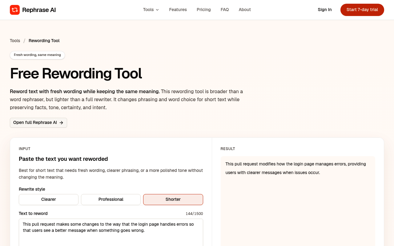 Rephrase AI rewording tool shortening a wordy pull request description into a concise summary