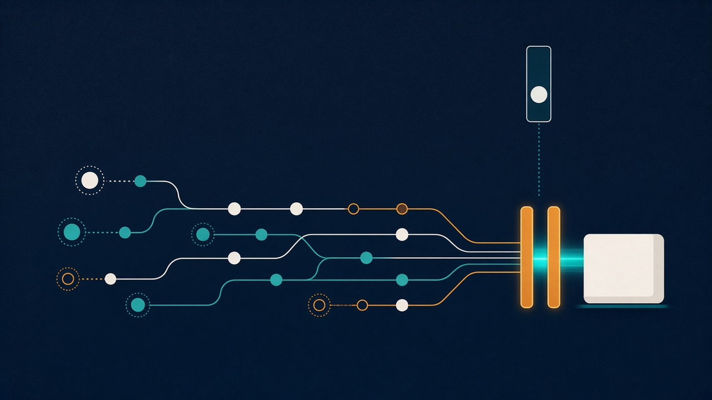 Abstract illustration: several thin paths of nodes converge from the left into a narrow glowing amber gate, with a calm solid block beyond it and a small observer window watching from above