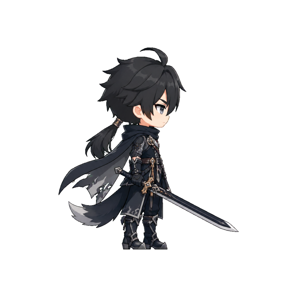 Archived side-view full-body swordsman master with black hair and dark clothing.